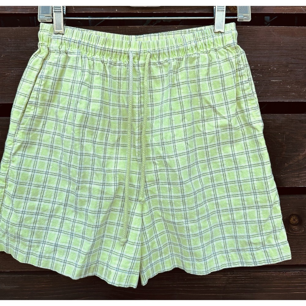 Fresh Produce Shorts Adult Small Elastic Waist Pockets Drawstring Green Plaid